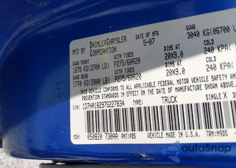 2007 Dodge Ram 1500 Slt from USA, damaged, VIN 1D7HA18297S227834